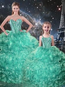 Glorious Turquoise Lace Up Quinceanera Dress Beading and Ruffles Sleeveless Floor Length