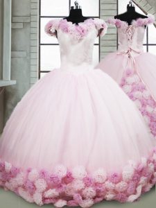 Pretty Sleeveless Hand Made Flower Lace Up Ball Gown Prom Dress with Pink Brush Train