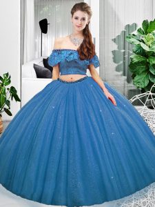 Colorful Blue Off The Shoulder Neckline Lace Quince Ball Gowns Sleeveless Lace Up