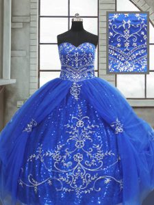 Most Popular Blue Ball Gowns Sweetheart Sleeveless Tulle Floor Length Lace Up Beading and Appliques Quinceanera Dresses