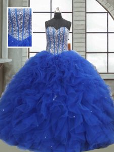 Ideal Beading and Ruffles and Sequins Sweet 16 Dress Royal Blue Lace Up Sleeveless Floor Length