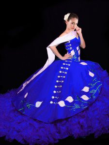 Sweetheart Sleeveless Brush Train Lace Up Sweet 16 Dresses Royal Blue Organza