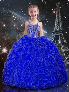 Royal Blue Straps Neckline Beading and Ruffles Kids Formal Wear Sleeveless Lace Up