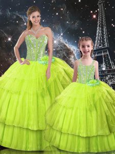 Yellow Green Ball Gowns Sweetheart Sleeveless Organza Floor Length Lace Up Ruffled Layers Sweet 16 Dresses