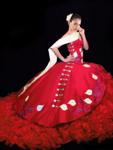 Sleeveless Embroidery and Ruffles Lace Up Quinceanera Dress with Red Brush Train