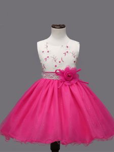 Latest Hot Pink Scoop Zipper Appliques and Hand Made Flower Pageant Gowns For Girls Sleeveless