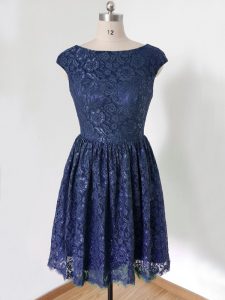 Empire Quinceanera Court Dresses Royal Blue Scoop Lace Cap Sleeves Knee Length Lace Up