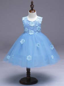 New Arrival Tulle Scoop Sleeveless Zipper Appliques and Bowknot Little Girl Pageant Dress in Light Blue