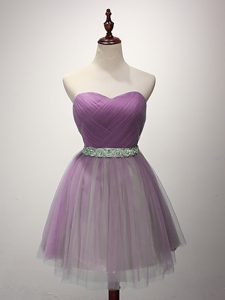 Luxurious Lilac A-line Tulle Sweetheart Sleeveless Ruching Mini Length Lace Up Dama Dress