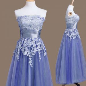 Lavender Tulle Lace Up Strapless Sleeveless Tea Length Damas Dress Appliques