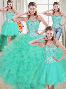 Best Selling Turquoise Organza Lace Up Sweet 16 Dresses Sleeveless Brush Train Beading and Ruffled Layers