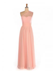 Comfortable Peach Chiffon Side Zipper Quinceanera Court of Honor Dress Sleeveless Floor Length Ruching