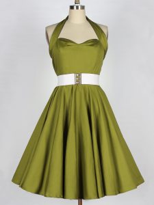 Dramatic Olive Green Quinceanera Dama Dress Prom and Party and Wedding Party with Belt Halter Top Sleeveless Lace Up