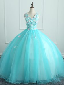 Aqua Blue Ball Gowns Appliques Quinceanera Dresses Lace Up Organza Sleeveless Floor Length