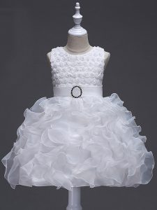 White Scoop Lace Up Ruffles and Belt Winning Pageant Gowns Sleeveless