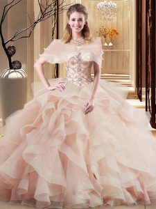 Most Popular Peach Ball Gowns Scoop Sleeveless Tulle Brush Train Lace Up Beading and Ruffles Ball Gown Prom Dress