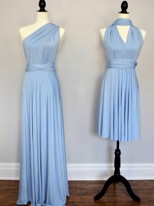 Light Blue Chiffon Lace Up One Shoulder Sleeveless Floor Length Damas Dress Ruching