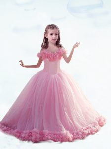 Eye-catching Baby Pink Sleeveless Hand Made Flower Lace Up Little Girl Pageant Gowns