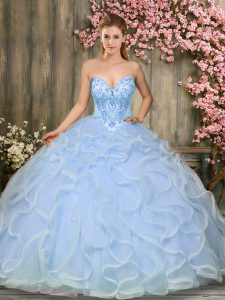 Floor Length Lace Up 15th Birthday Dress Light Blue for Military Ball and Sweet 16 and Quinceanera with Beading and Ruffles