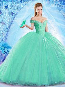 Turquoise Lace Up Quince Ball Gowns Beading Sleeveless Brush Train