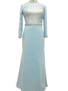 Suitable Light Blue Long Sleeves Lace Floor Length Mother Of The Bride Dress