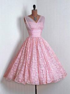 Fabulous Baby Pink A-line Lace Quinceanera Court of Honor Dress Lace Up Lace Sleeveless Mini Length