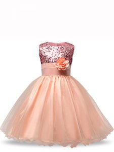 Peach Ball Gowns Organza Scoop Sleeveless Sequins and Hand Made Flower Knee Length Zipper Glitz Pageant Dress