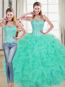 Spectacular Turquoise Two Pieces Organza Sweetheart Sleeveless Beading and Ruffled Layers Lace Up Quinceanera Dress Brush Train