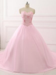 Attractive Tulle Sleeveless 15th Birthday Dress Brush Train and Beading