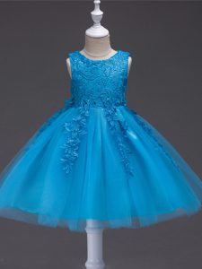 Excellent Sleeveless Tulle Knee Length Zipper Winning Pageant Gowns in Teal with Appliques