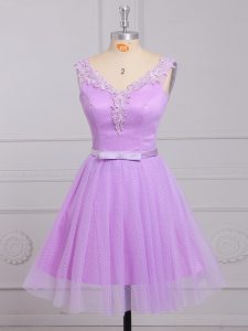 Sleeveless Lace Up Mini Length Appliques and Belt Dama Dress for Quinceanera