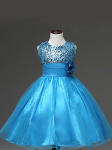 Modern Sleeveless Knee Length Sequins and Hand Made Flower Zipper Pageant Dress for Teens with Baby Blue