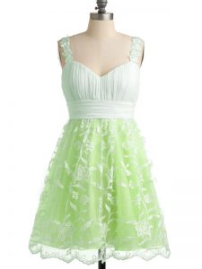 Custom Fit Yellow Green Lace Lace Up Straps Sleeveless Knee Length Damas Dress Lace