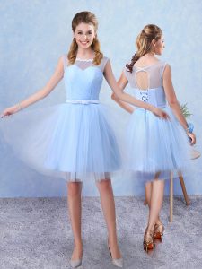 Beautiful Knee Length Blue Quinceanera Court of Honor Dress Scoop Sleeveless Lace Up