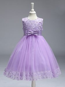 Hot Sale Lavender A-line Lace and Bowknot Pageant Dress for Girls Zipper Tulle Sleeveless Knee Length