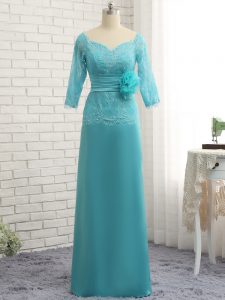 Fine Aqua Blue Long Sleeves Floor Length Lace and Appliques and Ruching and Hand Made Flower Zipper Mother of Groom Dress