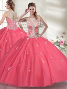 Edgy Scoop Sleeveless Ball Gown Prom Dress Floor Length Beading Hot Pink Organza