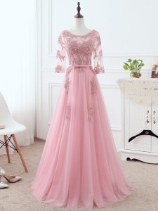 Perfect Lace and Appliques and Belt Mother Of The Bride Dress Pink Lace Up 3 4 Length Sleeve Floor Length