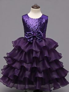 Dark Purple Sleeveless Tea Length Ruffled Layers and Sequins Zipper Custom Made Pageant Dress