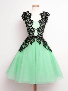 Sleeveless Tulle Knee Length Lace Up Court Dresses for Sweet 16 in Apple Green with Lace