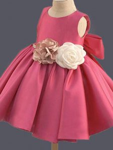 Mini Length Hot Pink Pageant Dress Taffeta Sleeveless Bowknot and Hand Made Flower