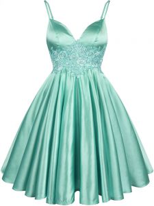 Suitable Knee Length Apple Green Court Dresses for Sweet 16 Elastic Woven Satin Sleeveless Lace