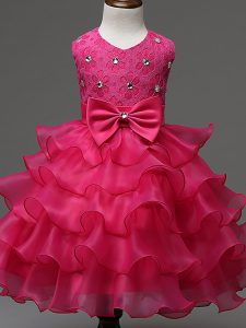 Sleeveless Knee Length Lace and Ruffled Layers and Bowknot Zipper Pageant Gowns with Hot Pink