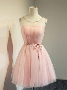 Noble Scoop Long Sleeves Quinceanera Court Dresses Knee Length Belt Baby Pink Tulle