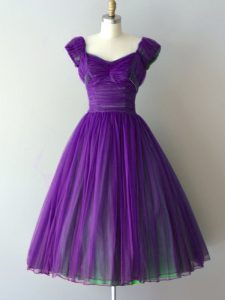 Purple A-line Ruching Quinceanera Dama Dress Lace Up Chiffon Cap Sleeves Knee Length