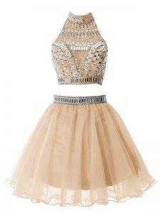 Spectacular Champagne Dama Dress for Quinceanera Party and Wedding Party with Beading High-neck Sleeveless Zipper