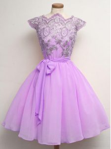 Scalloped Cap Sleeves Lace Up Damas Dress Lilac Chiffon