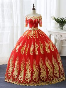 Half Sleeves Lace Up Floor Length Appliques Quinceanera Dresses