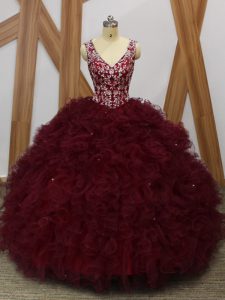 Sleeveless Organza Floor Length Backless 15 Quinceanera Dress in Burgundy with Beading and Ruffles