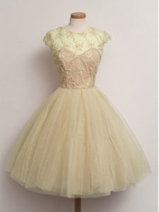 Champagne Ball Gowns Lace Court Dresses for Sweet 16 Lace Up Tulle Cap Sleeves Knee Length